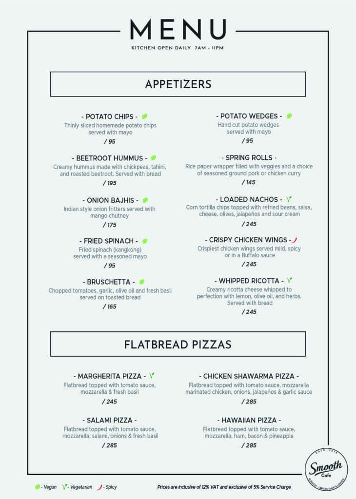 Smooth Cafe Appetizers and Pizzas Menu