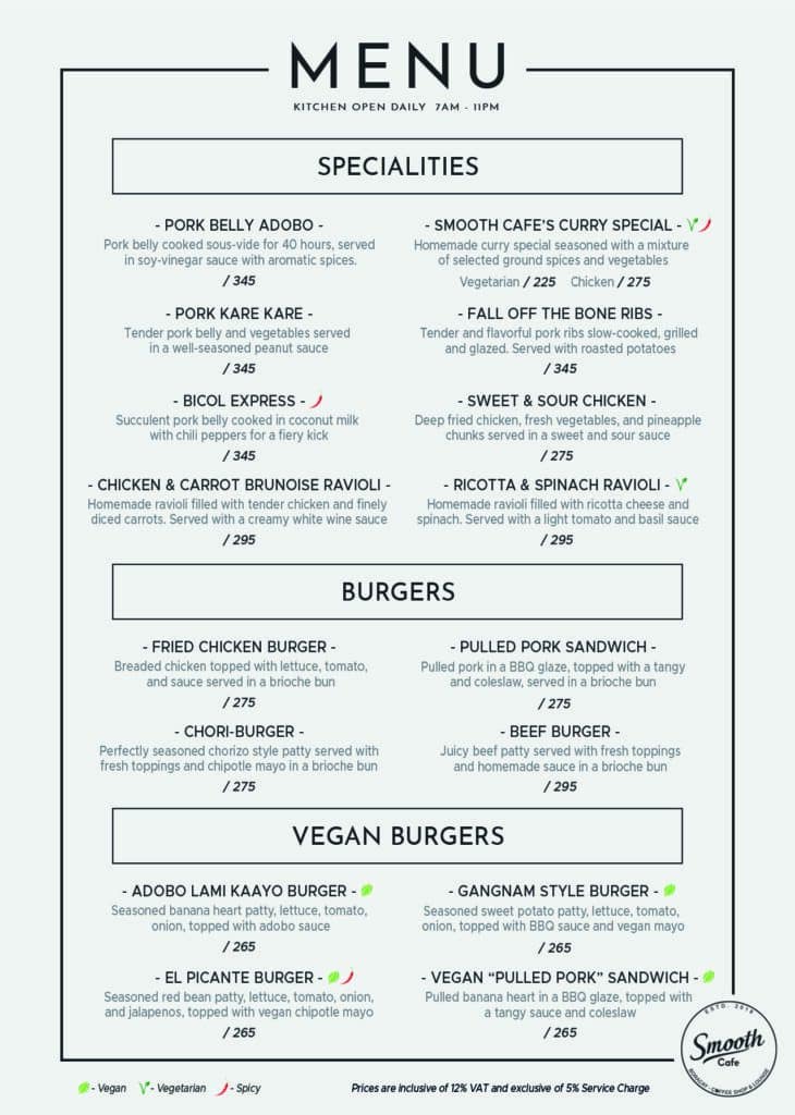 Smooth Cafe Specialities and Burgers Menu
